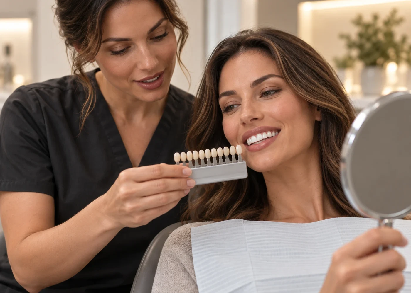 A smile being assessed with a dental shade guide.