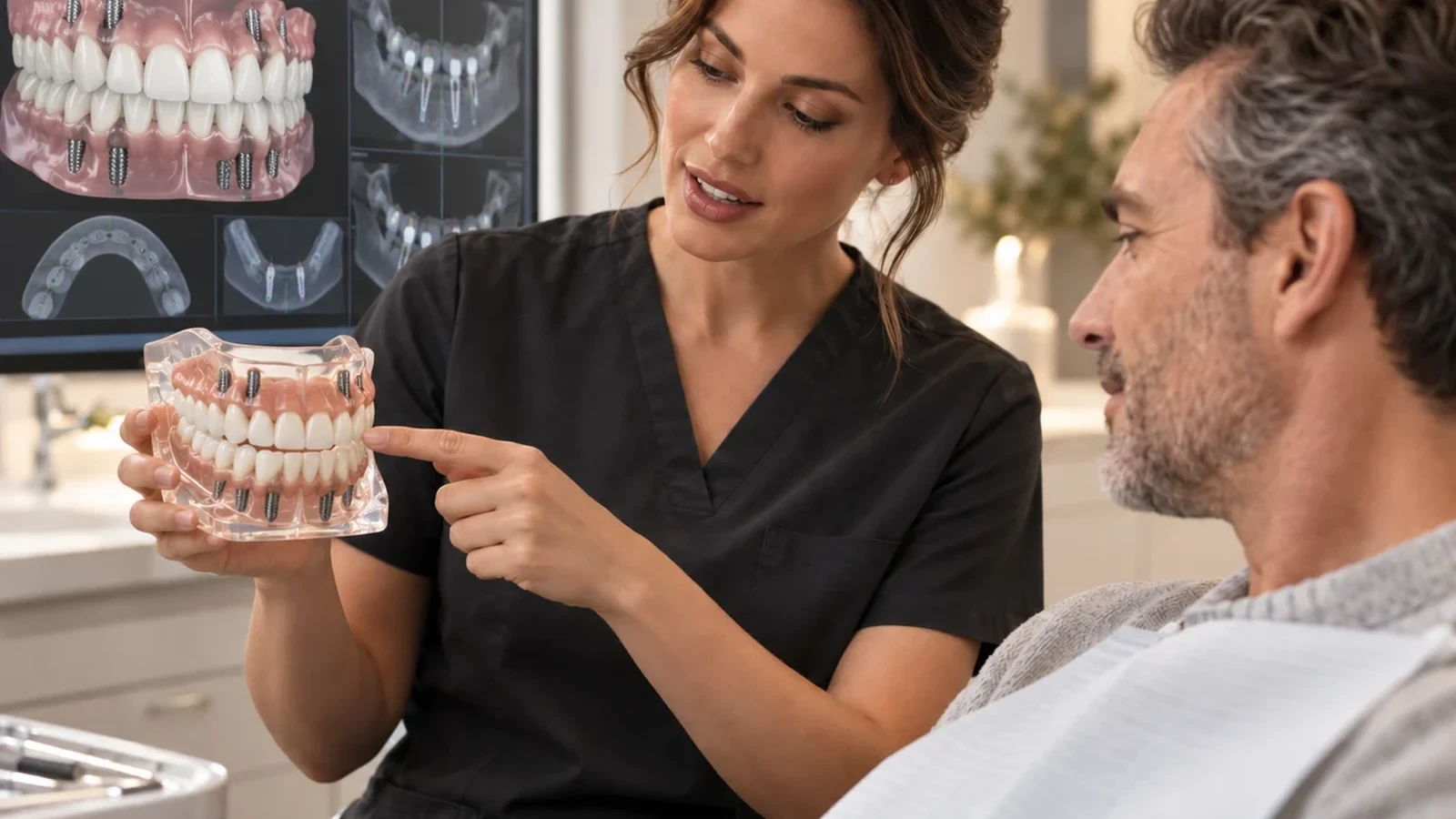 A clinician explaining a planned dental restoration to a patient.