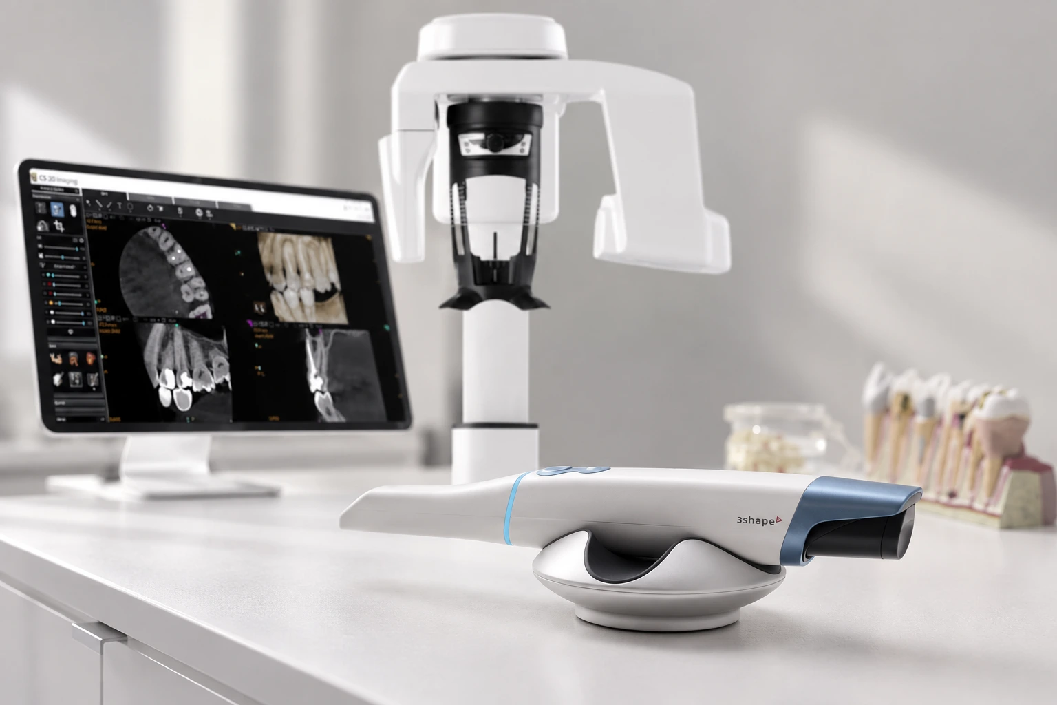 Technology montage of a TRIOS intraoral scanner, CBCT scanner and digital imaging display